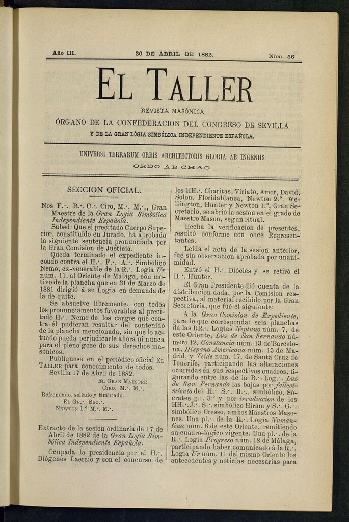 Miniatura de El Taller, de 30 de abril de 1882, nº 56
