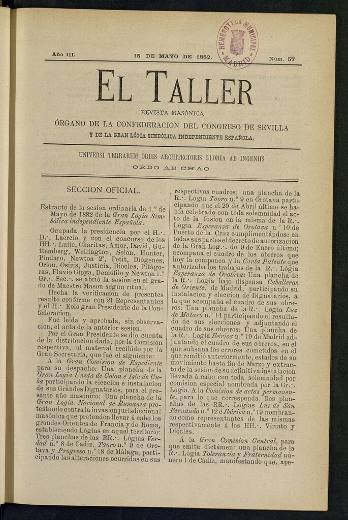 Miniatura de El Taller, de 15 de mayo de 1882, nº 57
