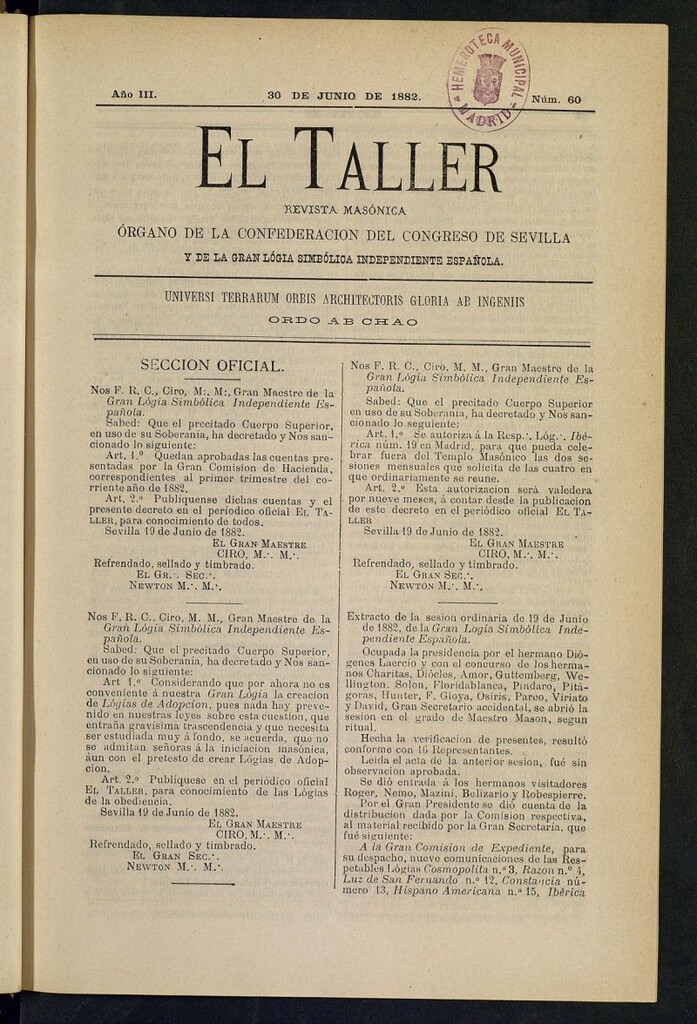 Miniatura de El Taller, de 30 de junio de 1882, nº 60