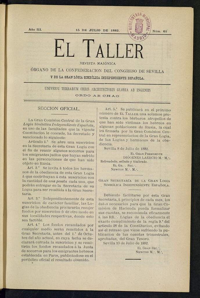 Miniatura de El Taller, de 15 de julio de 1882, nº 61