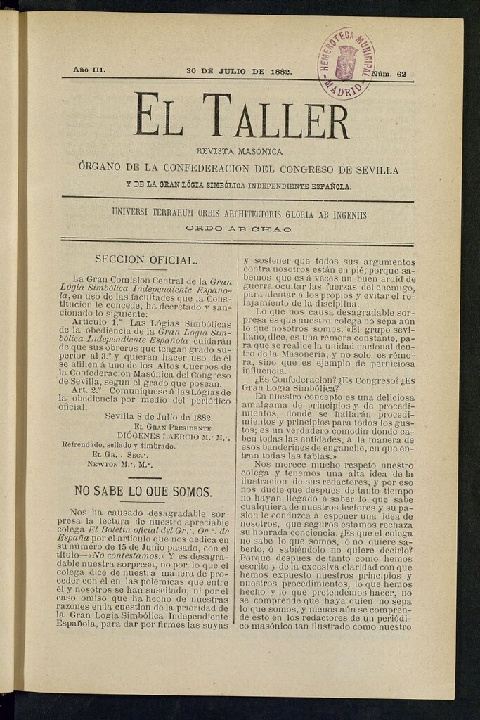 Miniatura de El Taller, de 30 de julio de 1882, nº 62