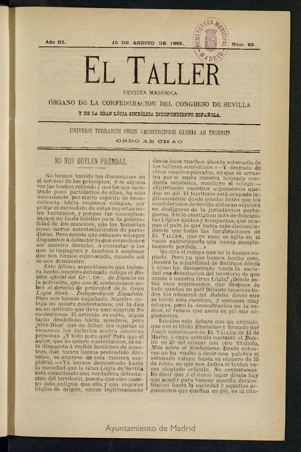 Miniatura de El Taller, de 15 de agosto de 1882, nº 63