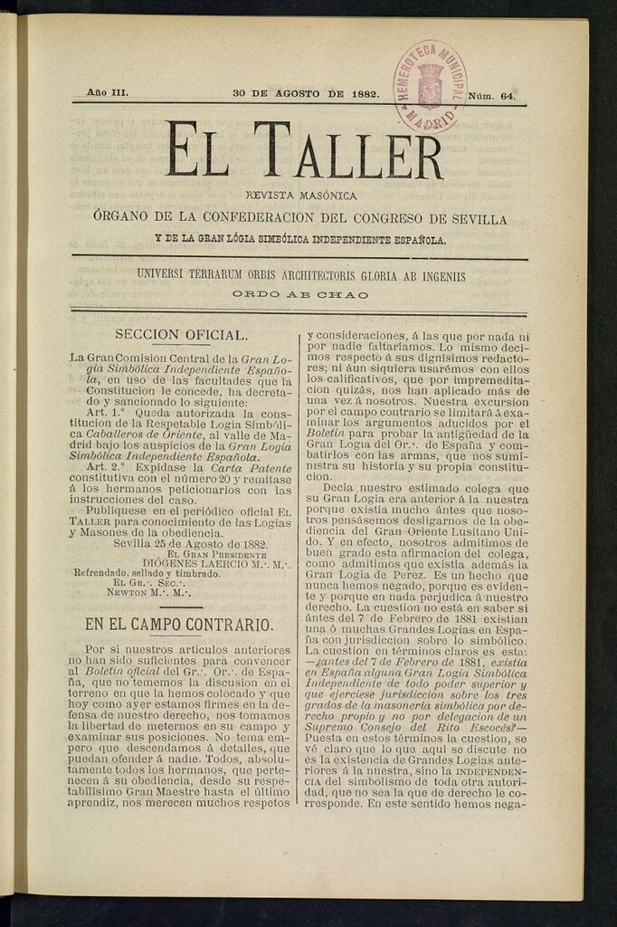 Miniatura de El Taller, de 30 de agosto de 1882, nº 64