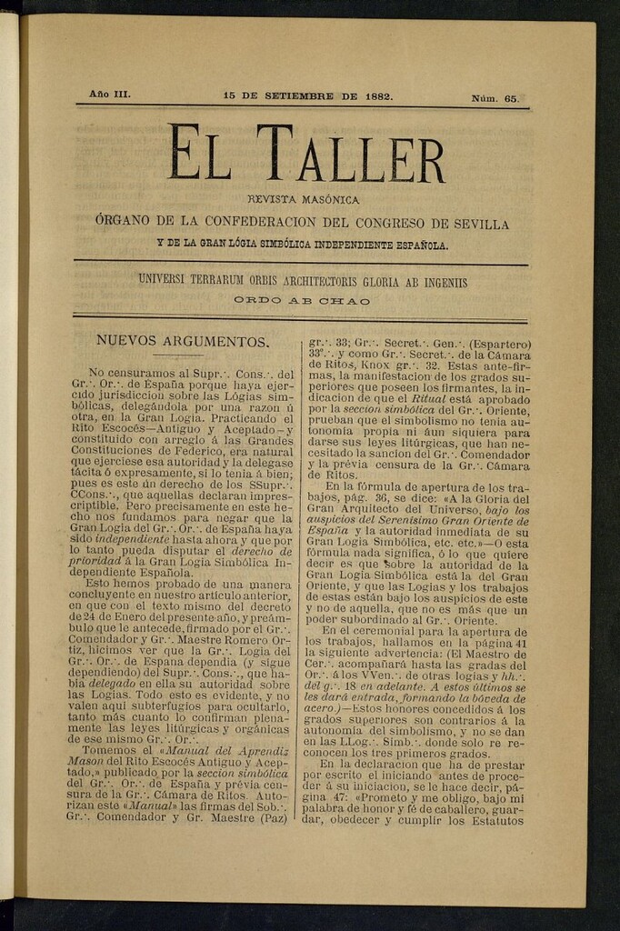 Miniatura de El Taller, de 15 de septiembre de 1882, nº 65