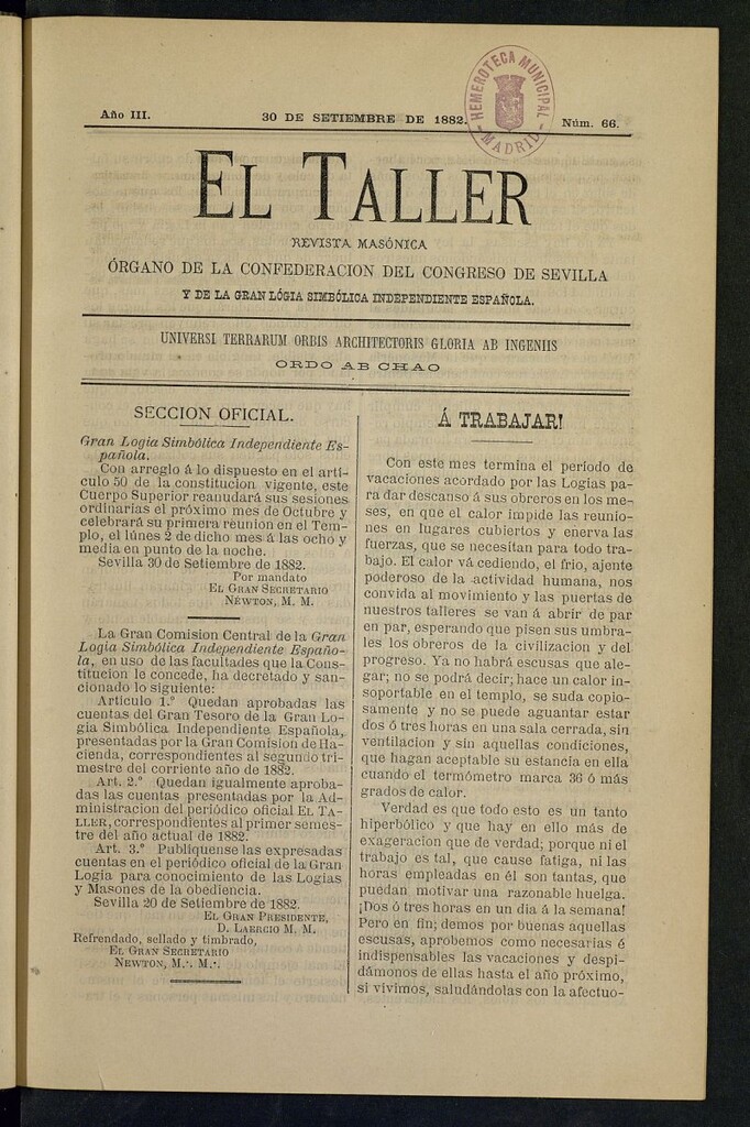 Miniatura de El Taller, de 30 de septiembre de 1882, nº 66