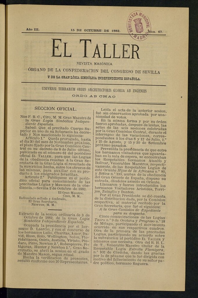 Miniatura de El Taller, de 15 de octubre de 1882, nº 67