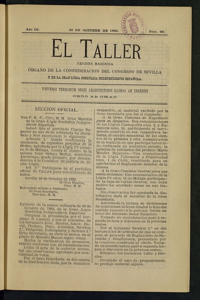 Miniatura de El Taller, de 30 de octubre de 1882, nº 68