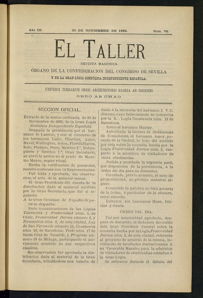 Miniatura de El Taller, de 30 de noviembre de 1882, nº 70