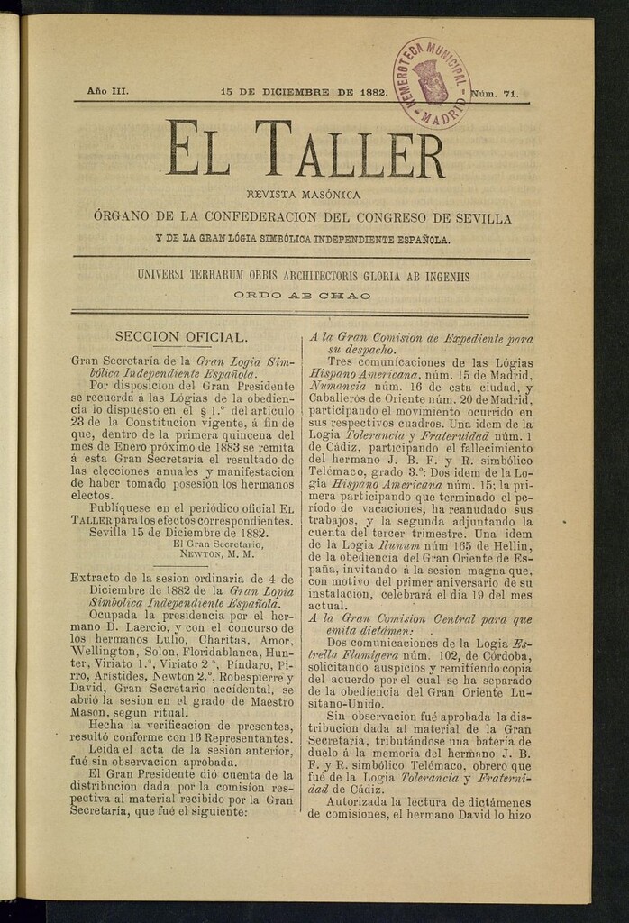 Miniatura de El Taller, de 15 de diciembre de 1882, nº 71