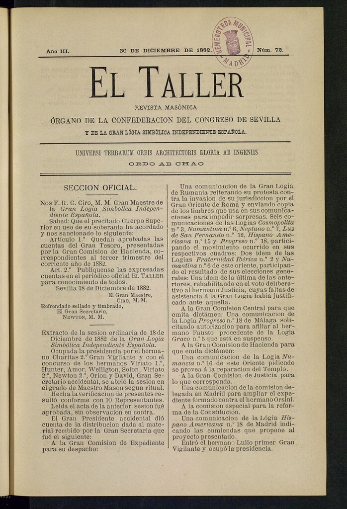 Miniatura de El Taller, de 30 de diciembre de 1882, nº 72