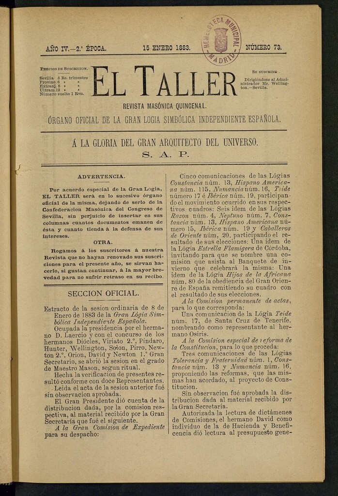 Miniatura de El Taller, de 15 de enero de 1883, nº 73