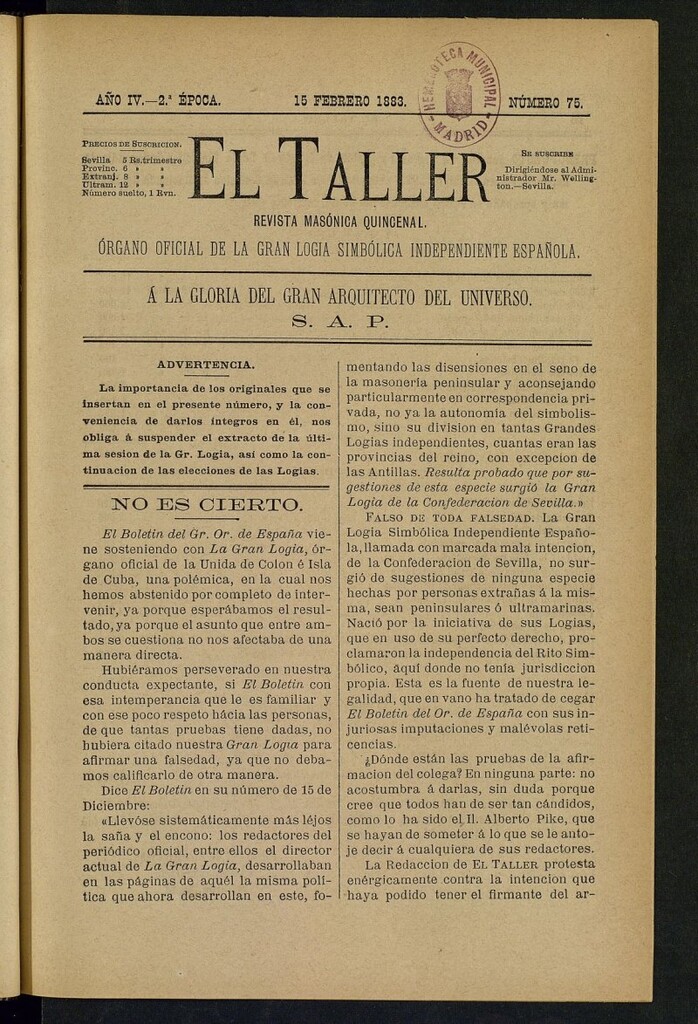 Miniatura de El Taller, de 15 de febrero de 1883, nº 75