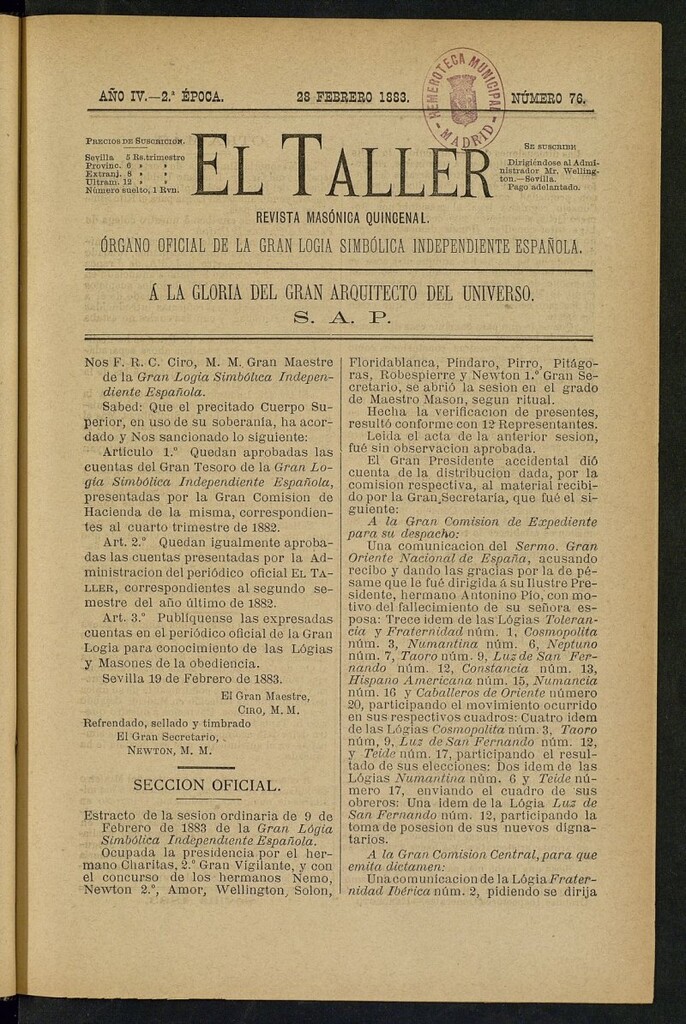 Miniatura de El Taller, de 28 de febrero de 1883, nº 76