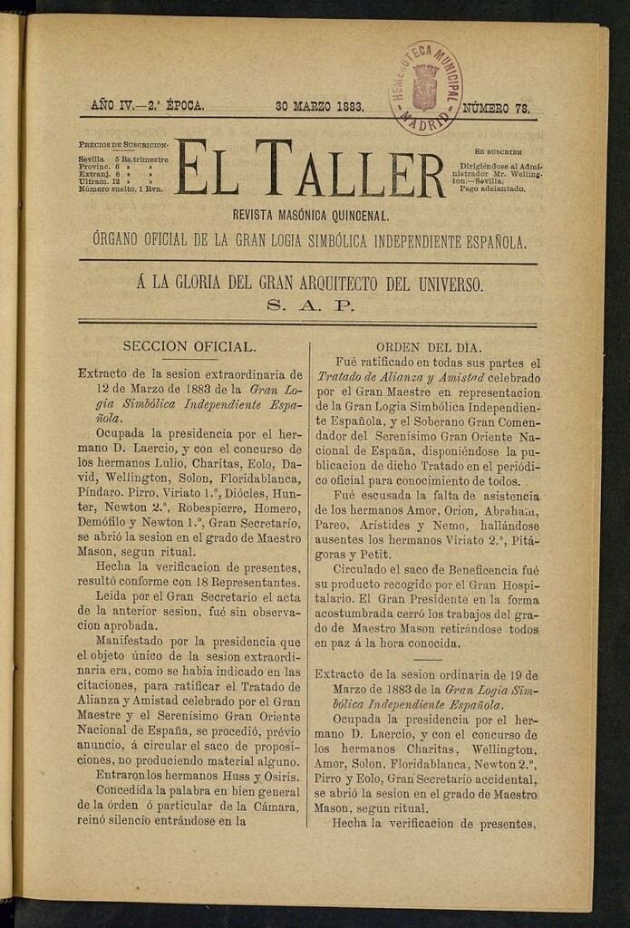 Miniatura de El Taller, de 30 de marzo de 1883, nº 78