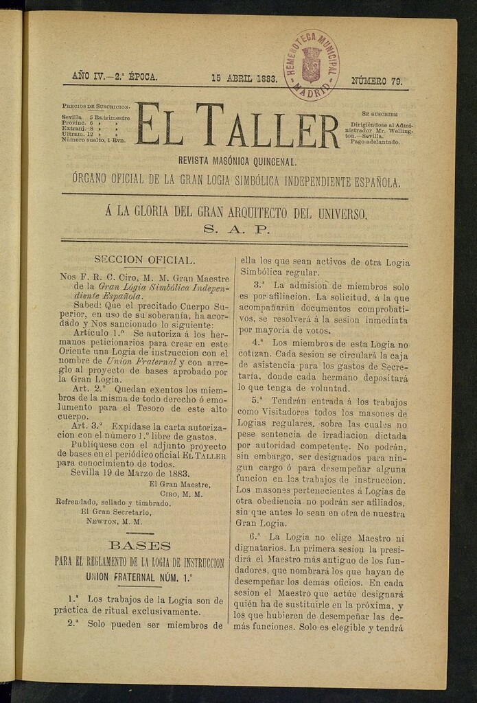 Miniatura de El Taller, de 15 de abril de 1883, nº 79