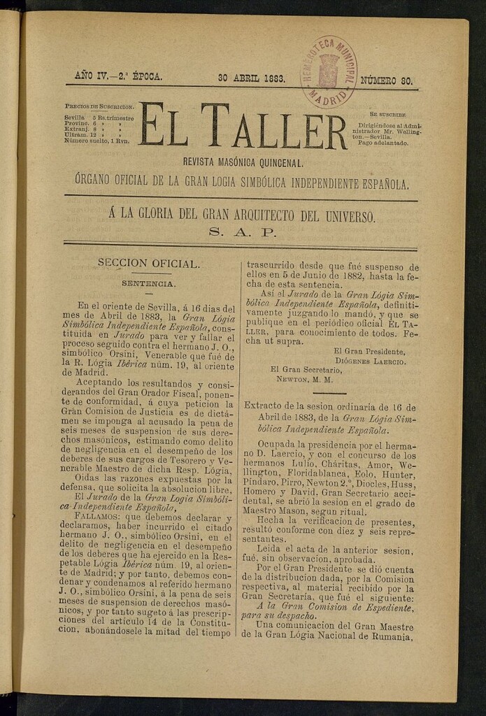 Miniatura de El Taller, de 30 de abril de 1883, nº 80