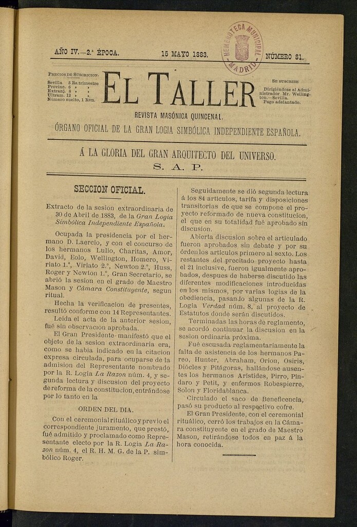 Miniatura de El Taller, de 15 de mayo de 1883, nº 81