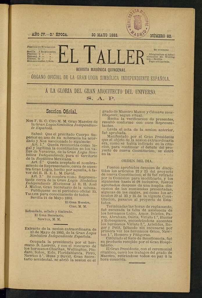 Miniatura de El Taller, de 30 de mayo de 1883, nº 82