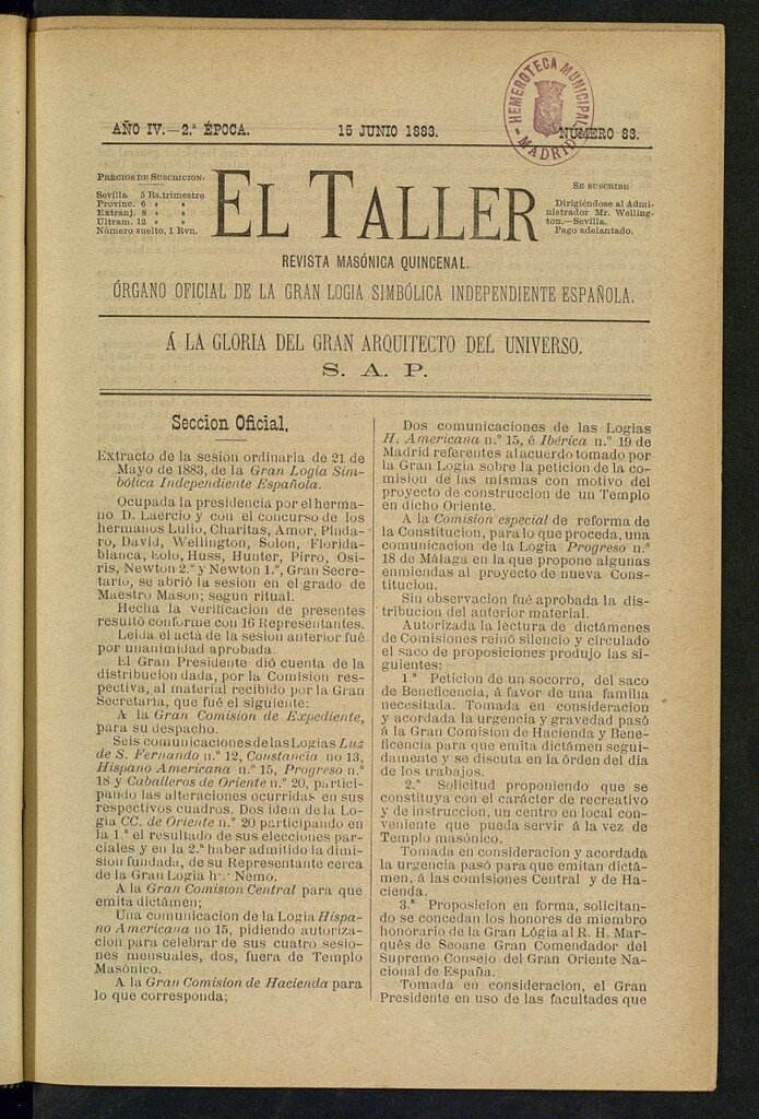 Miniatura de El Taller, de 15 de junio de 1883, nº 83