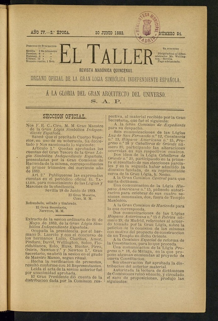 Miniatura de El Taller, de 30 de junio de 1883, nº 84