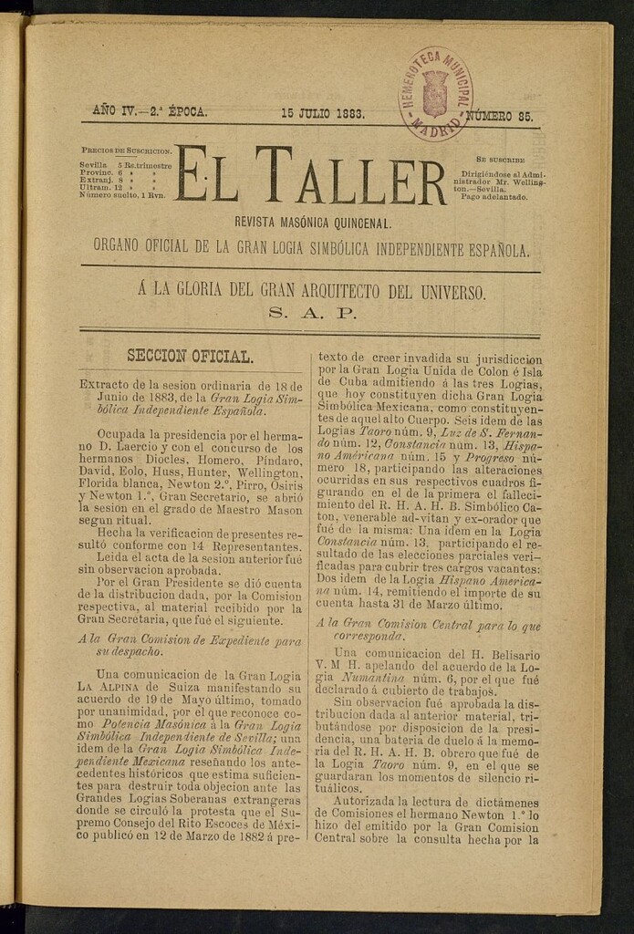 Miniatura de El Taller, de 15 de julio de 1883, nº 85