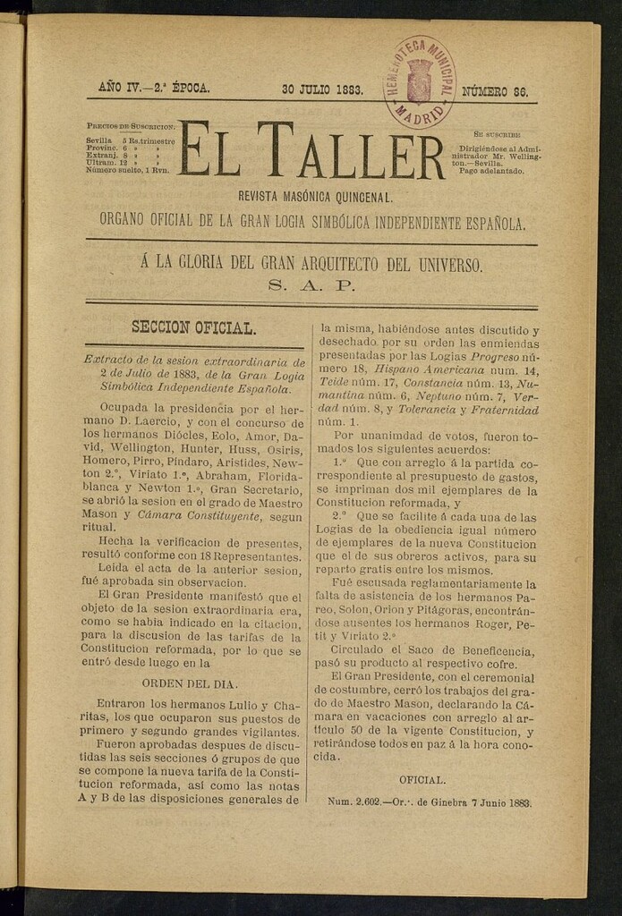 Miniatura de El Taller, de 30 de julio de 1883, nº 86