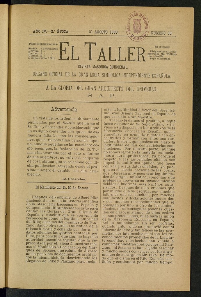 Miniatura de El Taller, de 31 de agosto de 1883, nº 88