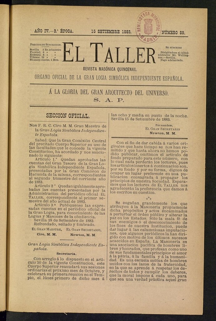 Miniatura de El Taller, de 15 de septiembre de 1883, nº 89