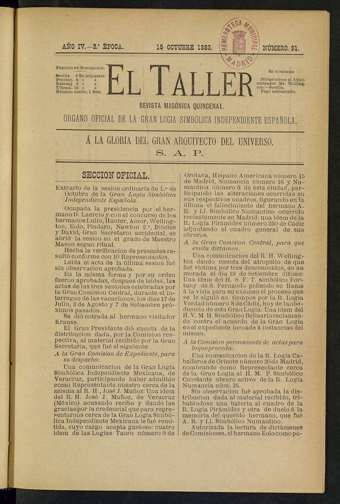 Miniatura de El Taller, de 15 de octubre de 1883, nº 91