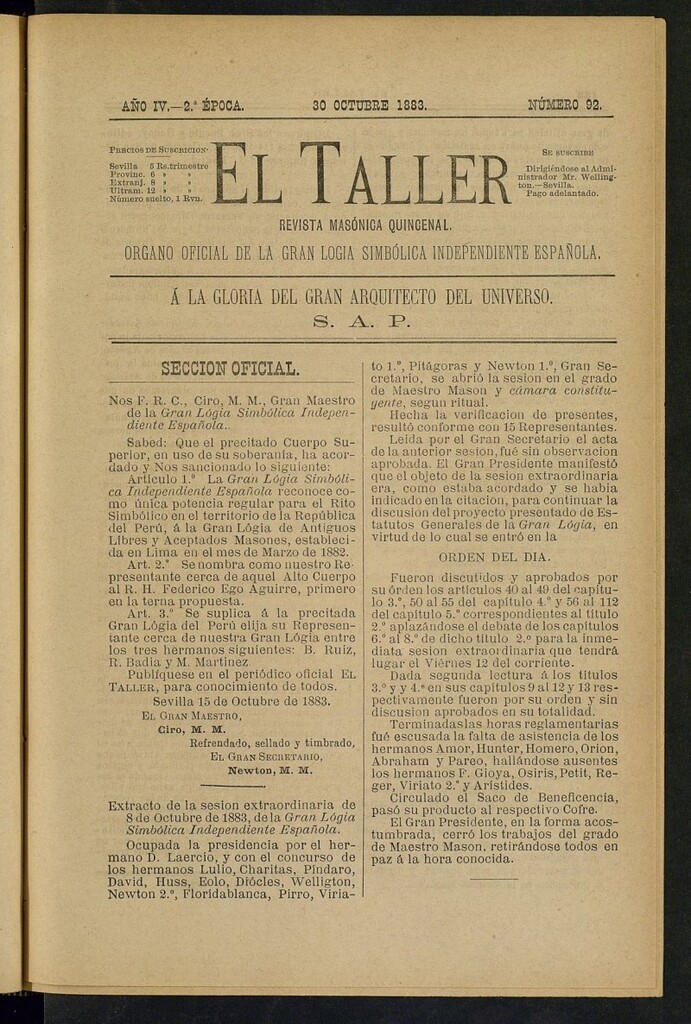 Miniatura de El Taller, de 30 de octubre de 1883, nº 92