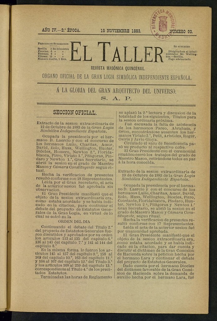 Miniatura de El Taller, de 15 de noviembre de 1883, nº 93
