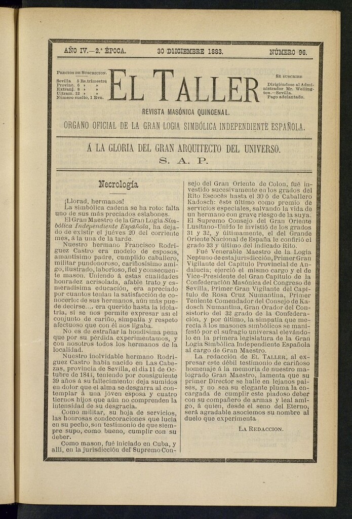 Miniatura de El Taller, de 30 de diciembre de 1883, nº 96
