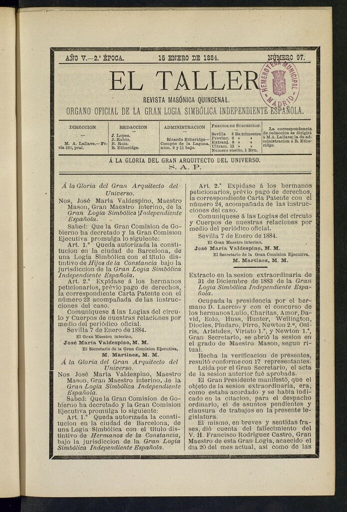 Miniatura de El Taller, de 15 de enero de 1884, nº 97