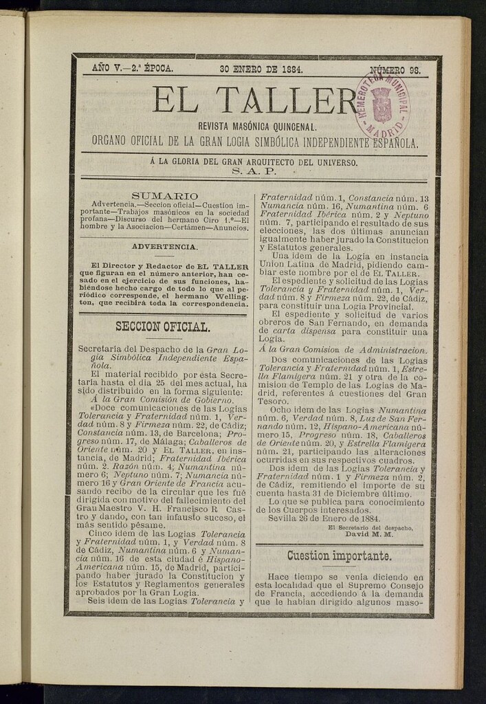 Miniatura de El Taller, de 30 de enero de 1884, nº 98