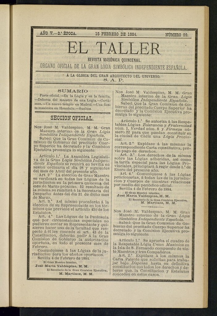 Miniatura de El Taller, de 15 de febrero de 1884, nº 99