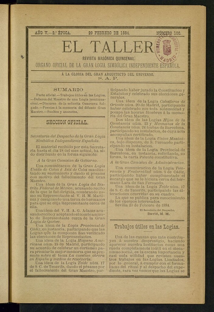 Miniatura de El Taller, de 29 de febrero de 1884, nº 100