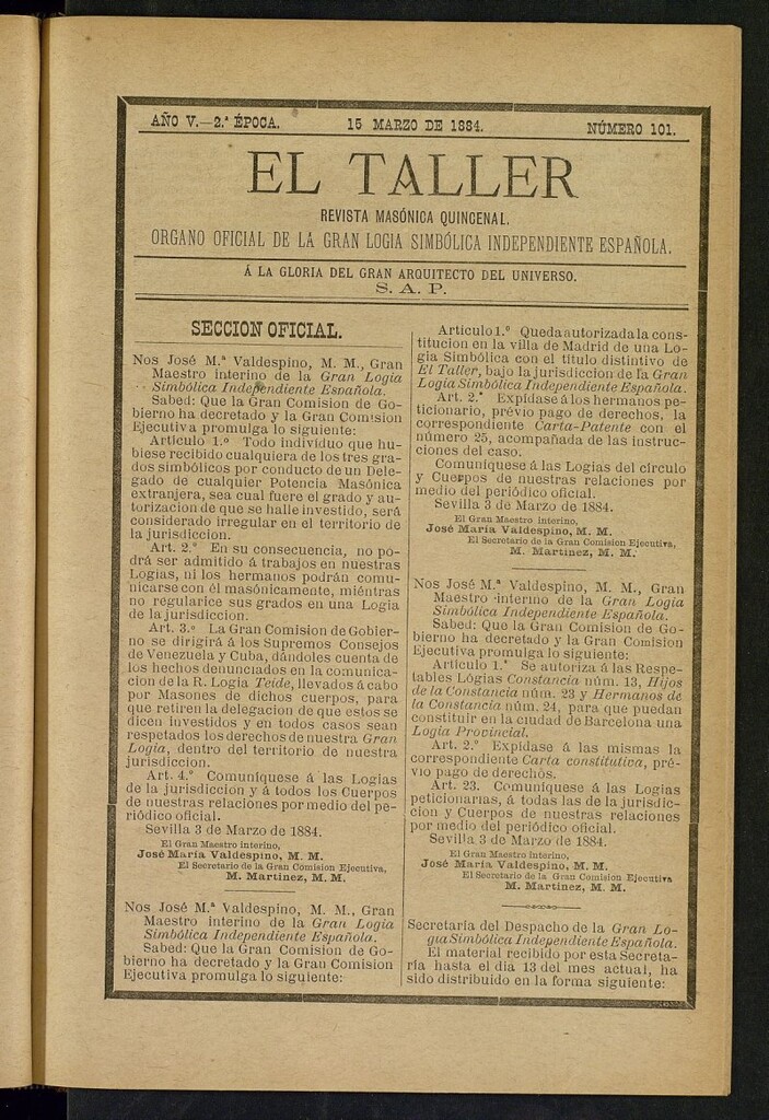 Miniatura de El Taller, de 15 de marzo de 1884, nº 101