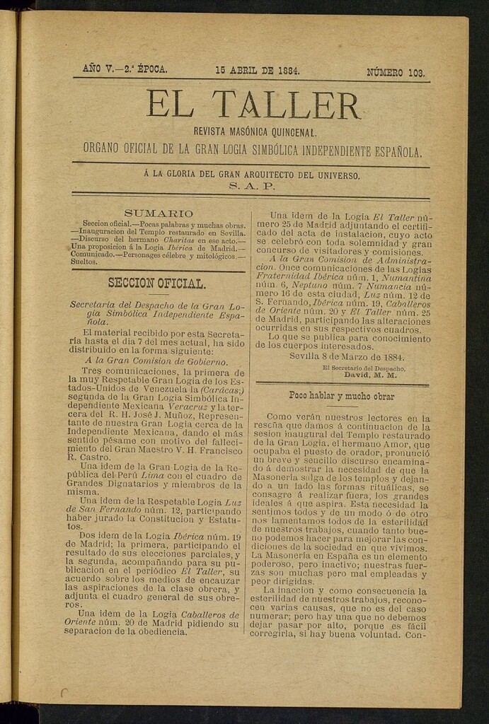 Miniatura de El Taller, de 15 de abril de 1884, nº 103