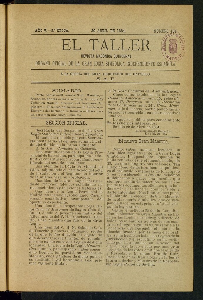 Miniatura de El Taller, de 30 de abril de 1884, nº 104
