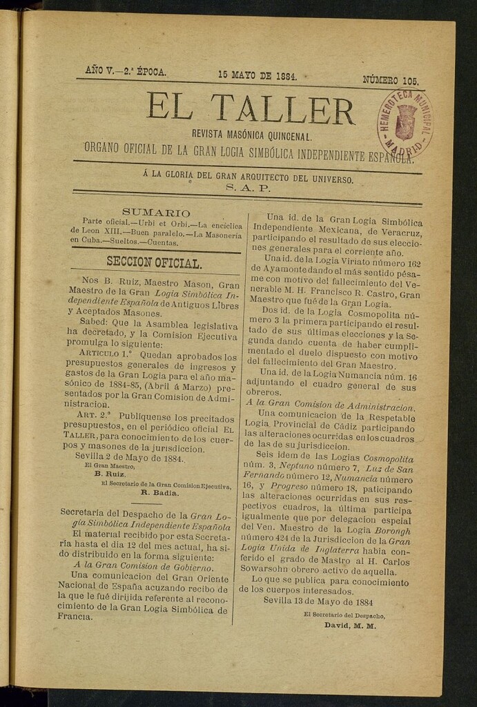 Miniatura de El Taller, de 15 de mayo de 1884, nº 105