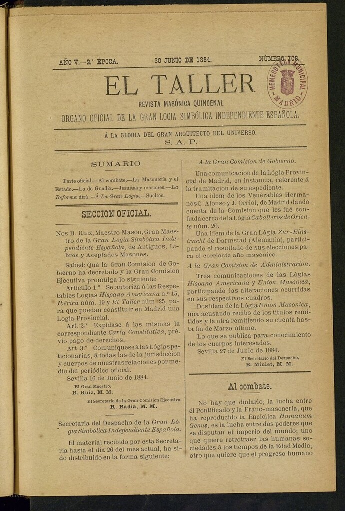 Miniatura de El Taller, de 30 de junio de 1884, nº 108