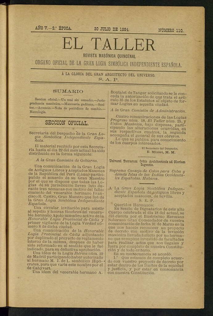 Miniatura de El Taller, de 30 de julio de 1884, nº 110