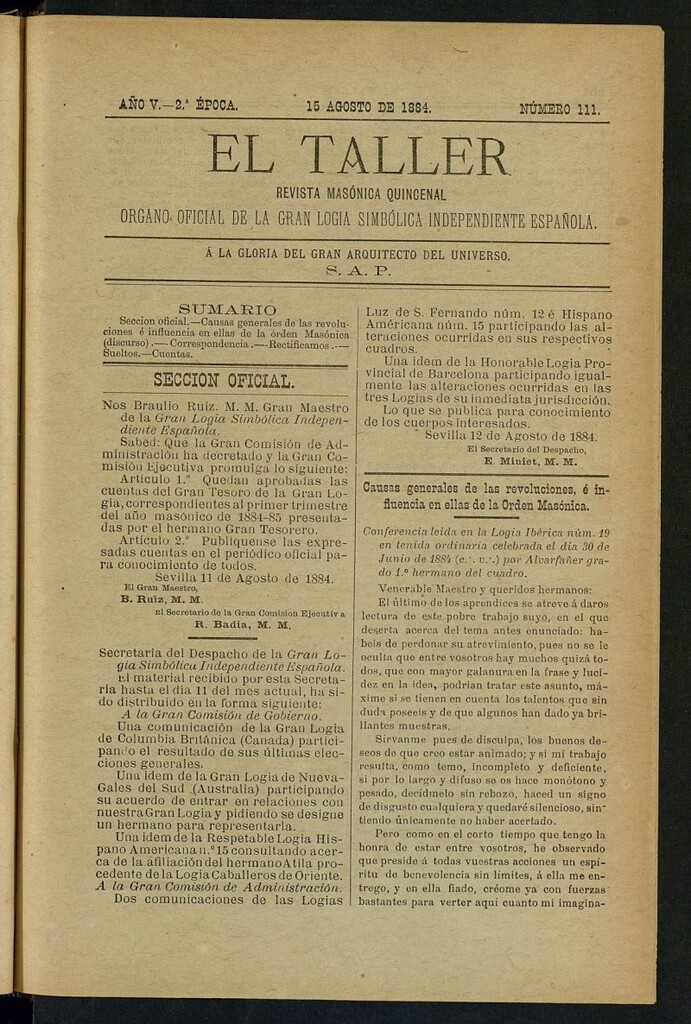 Miniatura de El Taller, de 15 de agosto de 1884, nº 111