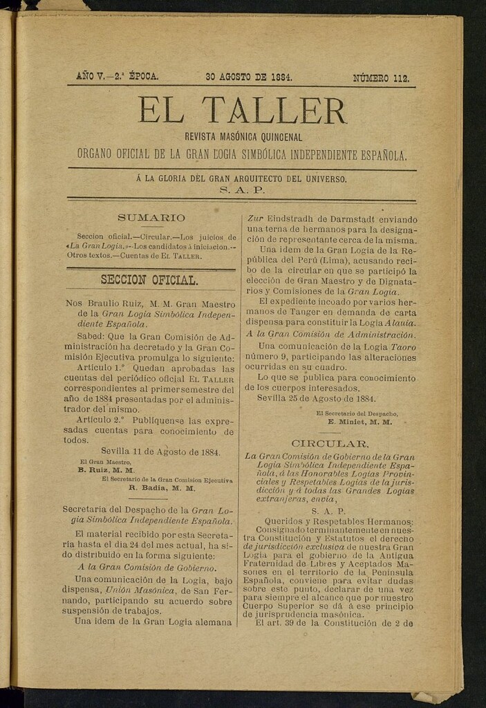 Miniatura de El Taller, de 30 de agosto de 1884, nº 112