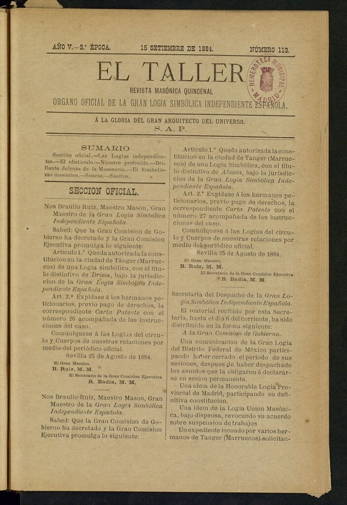 Miniatura de El Taller, de 15 de septiembre de 1884, nº 113