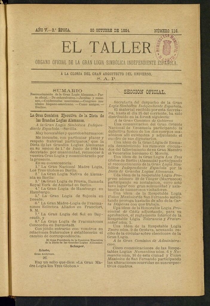 Miniatura de El Taller, de 30 de octubre de 1884, nº 116