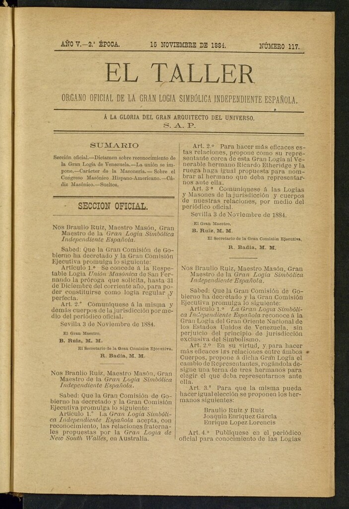 Miniatura de El Taller, de 15 de noviembre de 1884, nº 117
