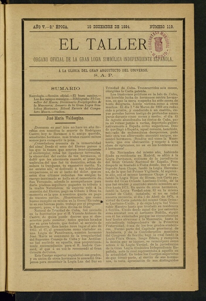 Miniatura de El Taller, de 15 de diciembre de 1884, nº 119