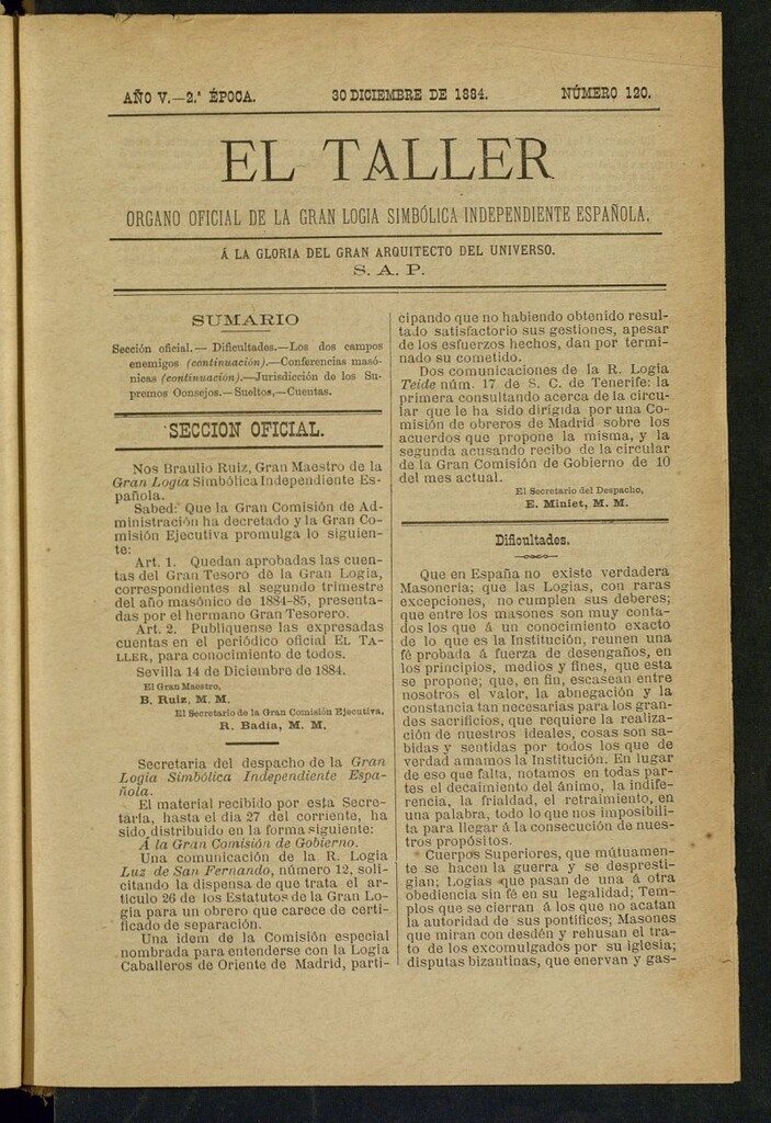 Miniatura de El Taller, de 30 de diciembre de 1884, nº 120