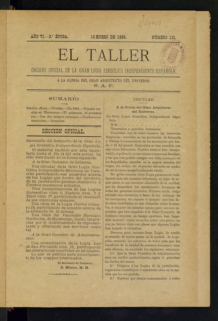 Miniatura de El Taller, de 15 de enero de 1885, nº 121